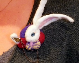 OOAK Needle Felted Brooch White Rabbit Alice in Wonderland Hare MADE to ORDER Accessories