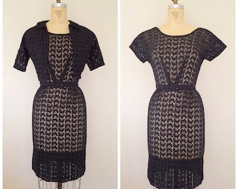 Vintage 1960s L'Aiglon Dress and Jacket Set / Black Eyelet Lace Wiggle Dress / LBD / XS