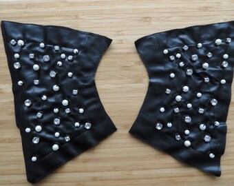 1 Pair of leather-like shoulder patch trims, black with pearls and crystals