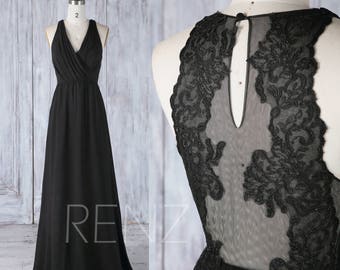 Bridesmaid Dress Black Chiffon Dress,Wedding Dress,Illusion Lace Back Prom Dress,Ruched V Neck Maxi Dress,Long A-line Party Dress(L343)