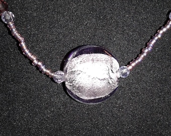 18" Purple Foil Glass Disc Bead and Seed Bead Necklace