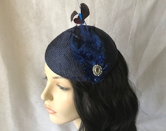 Navy Kentucky derby Feather Fascinator hat, Navy Blue Fascinator hat, Navy Wedding Fascinator hat, Navy Blue Church hat, Mother of The Bride