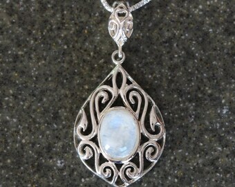 Moonstone Sterling Silver Necklace, Oval Moonstone Pendant, Silver Pendant, Filigree Design, Gemstone Necklace, 925 Silver, Unique Pendant