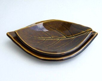 Hand Built Leaf Plates, Nested, Persimmon, Turkish Amber