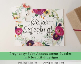 Pregnancy baby announcement puzzle, pink sash, we're having a baby, you're going to be grandparents, new parents, another pea to our pod
