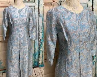 60s Ice Blue Lurex Wiggle Dress Metallic Silver Brocade