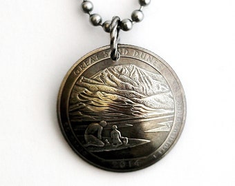 Quarter Coin Necklace, U.S. Quarter Dollar Pendant, Great Sand Dunes National Park, Colorado, America the Beautiful, 2014 Jewelry Hendywood