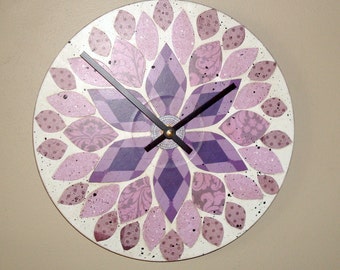 NEW! Original Art Wall Clock 10-Inch, SILENT Purple Dahlia Clock, Floral Clock, Hand Painted Clock, Unique Wall Clock - 2202