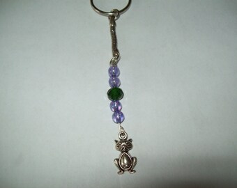 Cat keyring, cat jewelry, purple and green beads