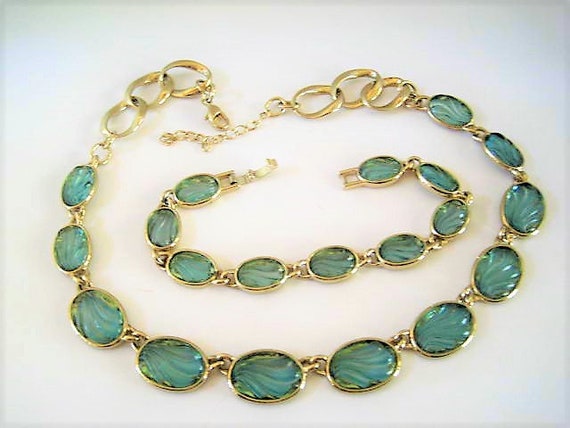 Blue Glass Jewelry Set, Necklace and Bracelet, Glass Swirl Settings, Gold Tone