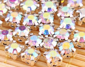 Crystal AB Sew On Chaton Crystal Rhinestones in Silver/Gold Color Prong Setting 4mm 6mm 8mm 10mm flatback sew on rhinestone bead crystal