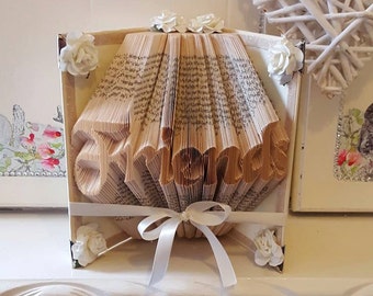 Cream Friends Book Folded as Art with soft cream ribbon and flowers. Silver Tone Corners. Christmas Friendship Gift.