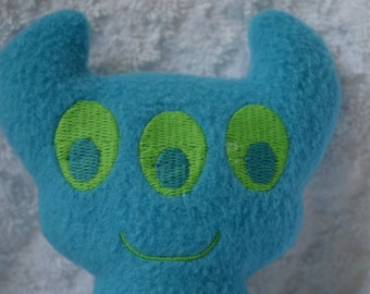 Handmade Stuffed Blue Horned Monster - Fleece, Child Friendly machine washable softie plush