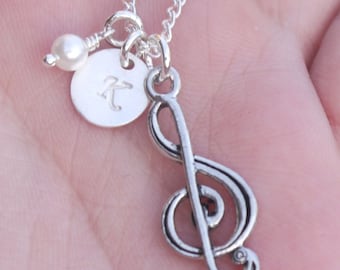 Treble Clef Necklace, Personalized Treble Clef Necklace, Treble Clef, Music Note Jewelry, Music Necklace, Music Jewelry, Custom Letter