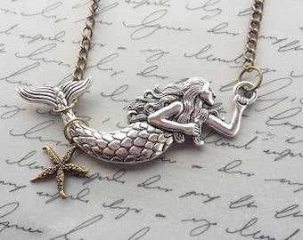 Mermaid Necklace, Silver Necklace, Mermaid Gift, Mermaid Jewelry, Beach Necklace, Beach Jewelry Gift, Beach Gift, Bronze Chain