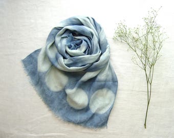 French linen scarf, big polka dots, gray blue long wrap, shibori indigo woad scarf, fiber lover gift, wearable fiber art gift made in France