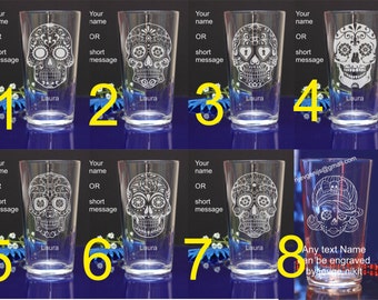 Personalised Etched Sugar Skull Pint Glass for Birthday, Christmas gift