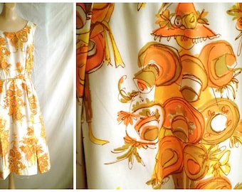 Vintage 1950's Dress Novelty Print Sundress Circle Skirt Fit and Flare Cotton Bombshell 38 x 27
