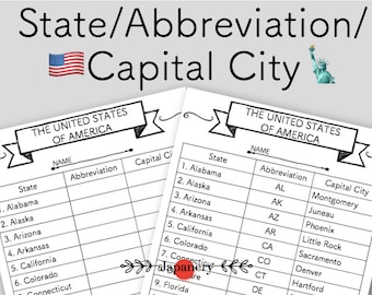 USA State Abbreviation/Capital City Chart|Handout|Printable