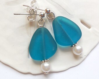 Teal Blue Sea Glass Earrings, Sea Glass Jewelry, Seaglass Earrings, Blue Beach Glass Jewelry, Blue Beach Glass Earrings. Free U.S.Shipping