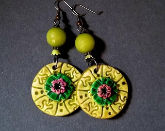 Boho Drops Earrings,Statement Earrings, Green Earrings, Polymer Clay Earrings, Lightweight Earrings