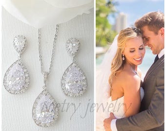 Wedding Jewelry Set, Crystal Bridal Earrings, Necklace Jewelry Set, Cubic Zirconia Teardrop Earrings, Bridal Jewelry Set, Evelyn Set
