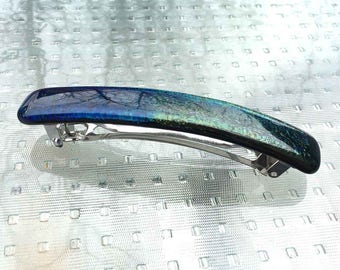 French Barrette Hair Clip, Blue & Green Iridescent Art Glass, Extra Large for Thick Hair