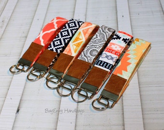 Key Fob / Key Wristlet - Choose Your Fabric - Aztec - Arrowheads - Quatrefoil with Vegan Leather