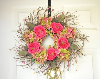 Pink and Green Silk Flower Spring Wreath