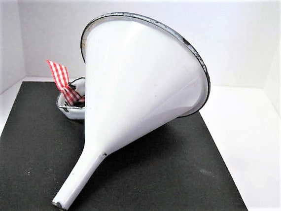Enamelware Funnel, White and Black, Small Funnel, Vintage Kitchen Decor,