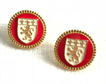 Vintage round red enamel gold lion earrings