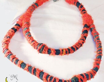 Upcycled denim clothing necklace with wool