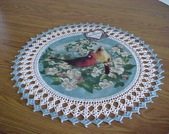 Crocheted Fabric Doily Cardinals in Apple Blossoms Fabric Center Crocheted Edge Centerpiece Doilies Table Topper