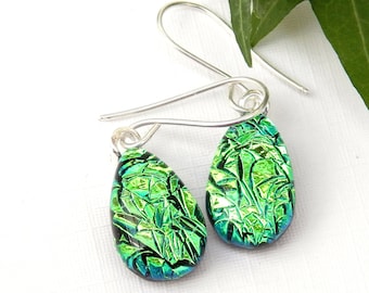 Emerald Green Sparkly Dichroic Glass Droplet Earrings, 925 Sterling Silver Earwires, Fused Glass Jewelry, Drop Earrings, Dangle Earrings