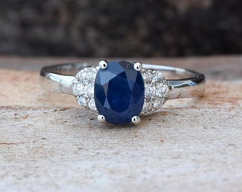Blue Sapphire Diamond Engagement Ring -White Gold Ring-1 carat Sapphire Engagement Ring -Anniversary present-Promised ring-For her