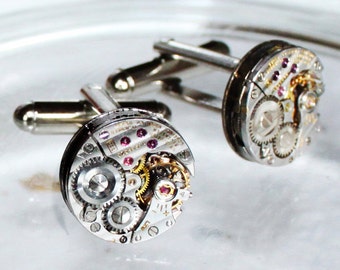 LONGINES Steampunk Cufflinks: Swiss Luxury Silver PINSTRIPE Vintage Watch Movement Men Steampunk Cufflinks Cuff Link Men Fathers Day Gift