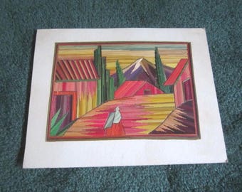 Vintage Colorful Scenic Mexican Straw Art Collage for Framing