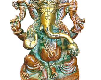 Vintage Blessed Ganesha Brass Statue Sitting on a Chowki ancient India Decor