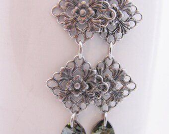 Antique Silver Floral Diamonds with Bronze Swarovski Teardrops