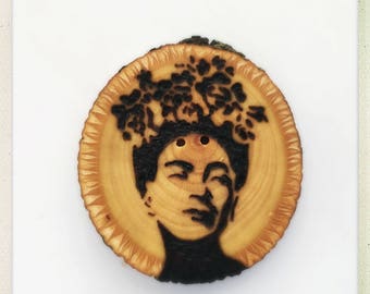Wood burned Frida Kahlo button
