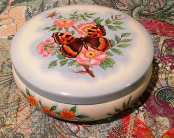 Vintage Butterfly Tin, Made In England, Floral Tin, Decorated by Daher