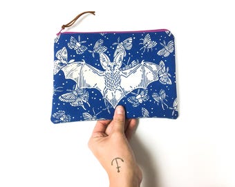 Bat + Moth - Blue Print - Handmade Printed Clutch
