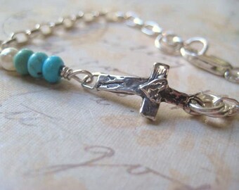 Cross Bracelet, Genuine Turquoise, Sterling Silver, Elongnated Chain, Rolo Chain, Heart Cross, Genuine Vintage Pearl, Dainty Bracelet