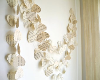 Wedding heart garland, vintage book paper garland, Wedding decoration, Paper heart garland, ivory paper garland, Party Garland, home decor