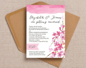 Personalised Pink Cherry Blossom Wedding Invitation & RSVP with envelopes