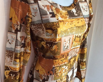 Rare pictorial 80s retro vintage long sleeve top blouse shirt funky OOK small