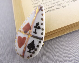 Vintage Card Brooch, Hand Painted Playing Card Pin, Retro Casino Wear Ceramic Brooch, Cards With Friends Brooch