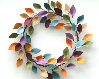 Colorful Wreath with Felt Leaves - 16" Outside Diameter - Modern Everyday Wreath - Felt Leaf Wreath - Made to Order
