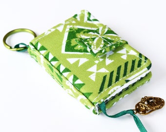 Tiny Journal in Green Tropical Fabric Cover, Miniature Journal, Mini Blank Book, Key Ring Notebook with Ribbon Bookmark and Hawaiian Charm
