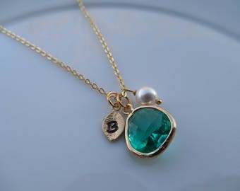 December Birthstone Necklace, Gold or Silver Blue Topaz Necklace with Initial Leaf, Jewel, Pearl, Birthday Gift, Bridesmaid Gift